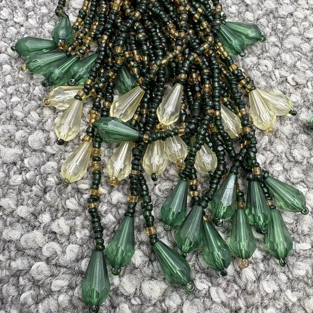 Beaded Curtain Tie Back Embellished Green Cream Brown Tones VTG Beautiful Home
